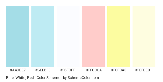 Blue, White, Red & Yellow - Color scheme palette thumbnail - #a4dde7 #beebf3 #fbfcff #ffccca #fcfca0 #fefde0 