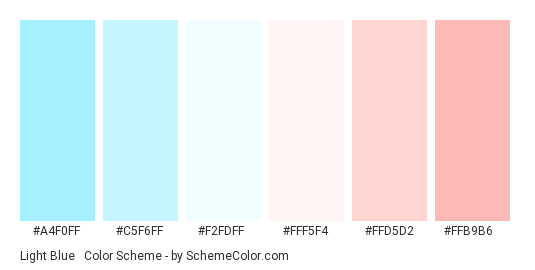Light Blue & Light Red Gradient - Color scheme palette thumbnail - #a4f0ff #c5f6ff #f2fdff #fff5f4 #ffd5d2 #ffb9b6 
