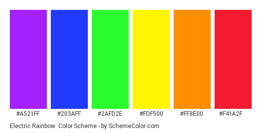 Electric Rainbow - Color scheme palette thumbnail - #a521ff #203aff #2afd2e #fdf500 #ff8e00 #f41a2f 