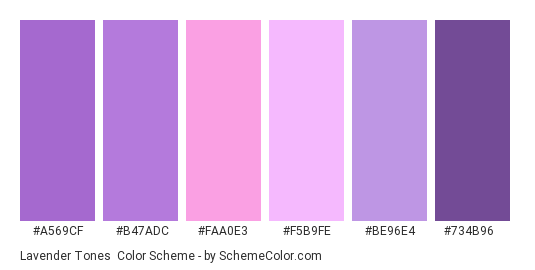 Lavender Tones - Color scheme palette thumbnail - #a569cf #b47adc #faa0e3 #f5b9fe #be96e4 #734b96 