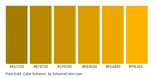 Pure Gold - Color scheme palette thumbnail - #a57c00 #b78700 #c99200 #db9d00 #eda800 #ffb300 