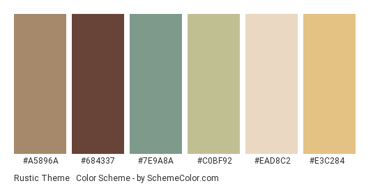 Rustic Theme #2 - Color scheme palette thumbnail - #a5896a #684337 #7e9a8a #c0bf92 #ead8c2 #e3c284 