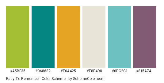 Easy to Remember - Color scheme palette thumbnail - #a5bf35 #068682 #e6a425 #e8e4d8 #6dc2c1 #815a74 