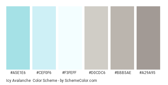 Icy Avalanche - Color scheme palette thumbnail - #a5e1e6 #cef0f6 #f3feff #d0cdc6 #bbb5ae #a29a95 
