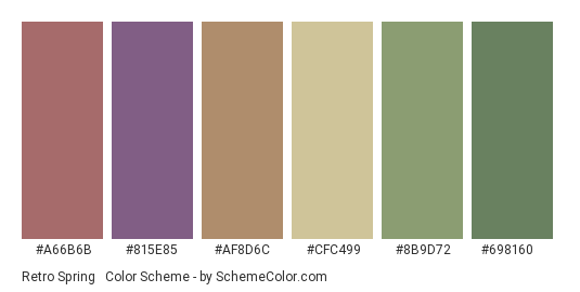 Retro Spring #2 - Color scheme palette thumbnail - #a66b6b #815e85 #af8d6c #cfc499 #8b9d72 #698160 