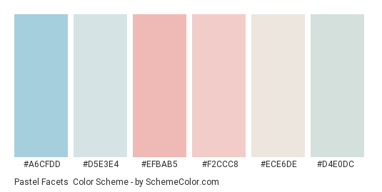 Pastel Facets - Color scheme palette thumbnail - #a6cfdd #d5e3e4 #efbab5 #f2ccc8 #ece6de #d4e0dc 