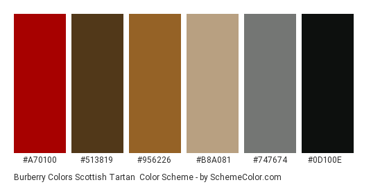 Burberry Colors Scottish Tartan - Color scheme palette thumbnail - #a70100 #513819 #956226 #b8a081 #747674 #0d100e 