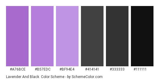 Lavender and Black - Color scheme palette thumbnail - #a76bce #b57edc #bf94e4 #414141 #333333 #111111 