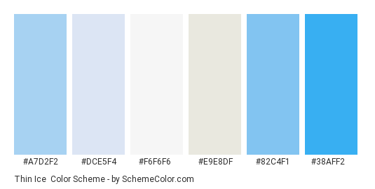 Thin Ice - Color scheme palette thumbnail - #a7d2f2 #dce5f4 #f6f6f6 #e9e8df #82c4f1 #38aff2 