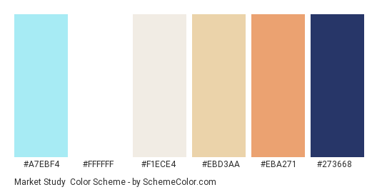 Market Study - Color scheme palette thumbnail - #a7ebf4 #ffffff #f1ece4 #ebd3aa #eba271 #273668 