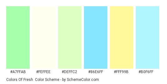 Colors of Fresh - Color scheme palette thumbnail - #a7ffab #feffee #deffc2 #86e6ff #fff99b #b0f6ff 