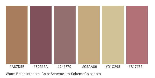 Warm Beige Interiors - Color scheme palette thumbnail - #a87d5e #80515a #946f70 #c5aa80 #d1c298 #b17176 