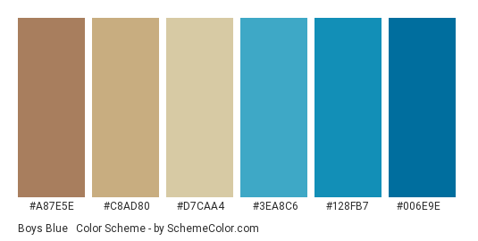 Boys Blue & Beige - Color scheme palette thumbnail - #a87e5e #c8ad80 #d7caa4 #3ea8c6 #128fb7 #006e9e 