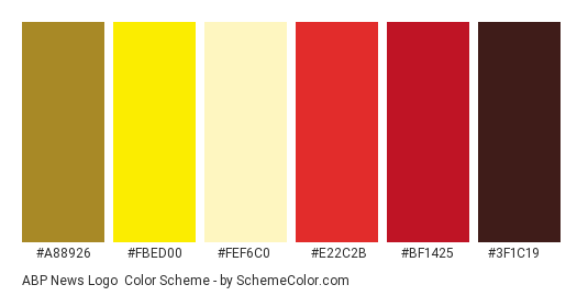 ABP News Logo - Color scheme palette thumbnail - #a88926 #fbed00 #fef6c0 #e22c2b #bf1425 #3f1c19 