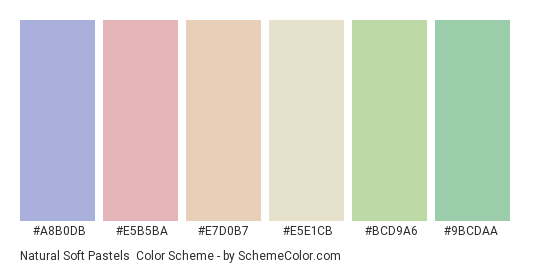 Natural Soft Pastels - Color scheme palette thumbnail - #a8b0db #e5b5ba #e7d0b7 #e5e1cb #bcd9a6 #9bcdaa 