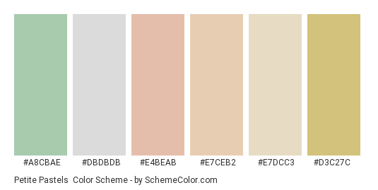 Petite Pastels - Color scheme palette thumbnail - #a8cbae #dbdbdb #e4beab #e7ceb2 #e7dcc3 #d3c27c 