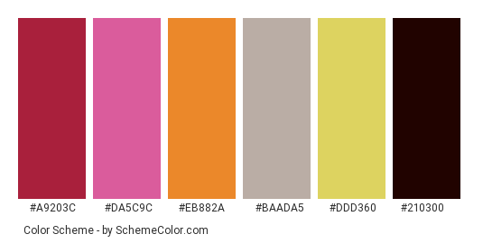 Insect Macro Bug - Color scheme palette thumbnail - #a9203c #da5c9c #eb882a #baada5 #ddd360 #210300 