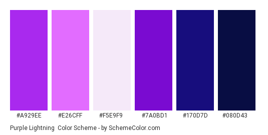 Purple Lightning - Color scheme palette thumbnail - #a929ee #e26cff #f5e9f9 #7a0bd1 #170d7d #080d43 