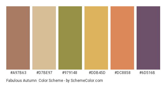 Fabulous Autumn - Color scheme palette thumbnail - #a97b63 #d7be97 #979148 #ddb45d #dc8858 #6d516b 