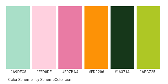 Fresh cut pink bloomed tulips - Color scheme palette thumbnail - #a9dfc8 #ffd0df #e97ba4 #fd9206 #16371a #aec725 