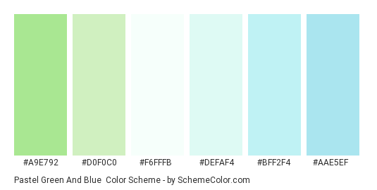 Pastel Green and Blue - Color scheme palette thumbnail - #a9e792 #d0f0c0 #f6fffb #defaf4 #bff2f4 #aae5ef 