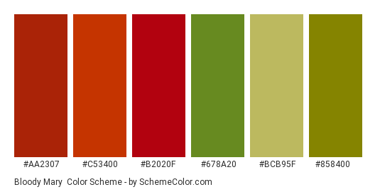 Bloody Mary - Color scheme palette thumbnail - #aa2307 #c53400 #b2020f #678a20 #bcb95f #858400 