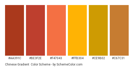 Chinese Gradient - Color scheme palette thumbnail - #aa391c #be3f2e #f47043 #ffb304 #ce9b02 #c67c31 