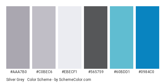 Silver Grey & Blue - Color scheme palette thumbnail - #aaa7b0 #c0bec6 #ebecf1 #565759 #60bdd1 #0984c0 