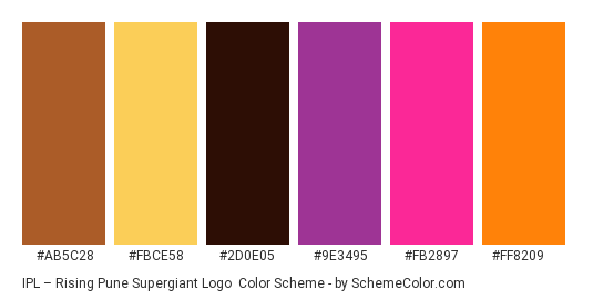 IPL – Rising Pune Supergiant Logo - Color scheme palette thumbnail - #ab5c28 #fbce58 #2d0e05 #9e3495 #fb2897 #ff8209 