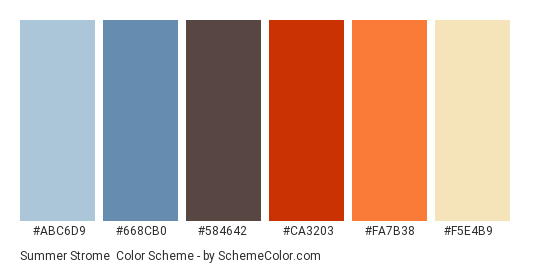 Summer Strome - Color scheme palette thumbnail - #abc6d9 #668cb0 #584642 #ca3203 #fa7b38 #f5e4b9 