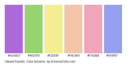 Vibrant Pastels - Color scheme palette thumbnail - #ac68d7 #96d470 #f2ee8f #f4c4a9 #f1a3bb #959fef 