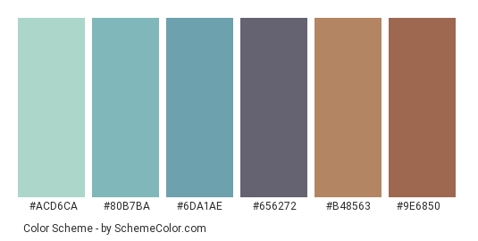 Field in Summer - Color scheme palette thumbnail - #acd6ca #80b7ba #6da1ae #656272 #b48563 #9e6850 