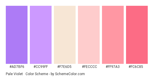 Pale Violet & Red - Color scheme palette thumbnail - #ad7bf6 #cc99ff #f7e6d5 #fecccc #ff97a3 #fc6c85 