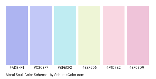 Moral Soul - Color scheme palette thumbnail - #adb4f1 #c2c8f7 #bfecf2 #eef5d6 #f9d7e2 #efc3d9 