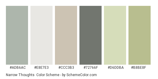Narrow Thoughts - Color scheme palette thumbnail - #adb6ac #e8e7e3 #ccc3b3 #72766f #d6ddba #b8be8f 