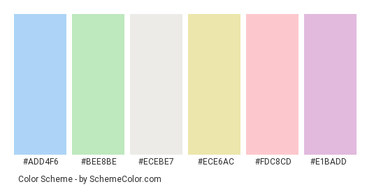Sweet Rainbow - Color scheme palette thumbnail - #add4f6 #bee8be #ecebe7 #ece6ac #fdc8cd #e1badd 