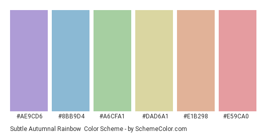 Subtle Autumnal Rainbow - Color scheme palette thumbnail - #ae9cd6 #8bb9d4 #a6cfa1 #dad6a1 #e1b298 #e59ca0 