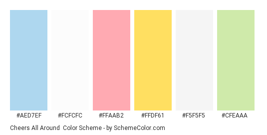 Cheers All Around - Color scheme palette thumbnail - #aed7ef #fcfcfc #ffaab2 #ffdf61 #f5f5f5 #cfeaaa 