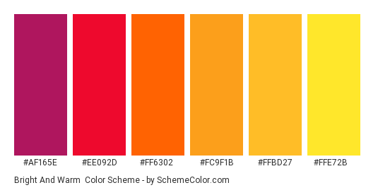 Bright and Warm - Color scheme palette thumbnail - #af165e #ee092d #ff6302 #fc9f1b #ffbd27 #ffe72b 