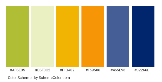 A Bright New Day - Color scheme palette thumbnail - #afbe35 #ebf0c2 #f1b402 #f69506 #465e96 #02266d 