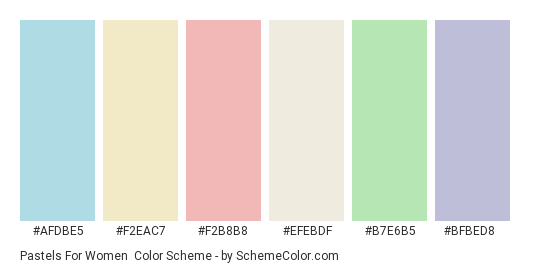 Pastels for Women - Color scheme palette thumbnail - #afdbe5 #f2eac7 #f2b8b8 #efebdf #b7e6b5 #bfbed8 
