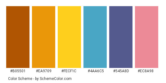Urban Style - Color scheme palette thumbnail - #b05501 #ea9709 #fecf1c #4aa6c5 #545a8d #ec8a98 