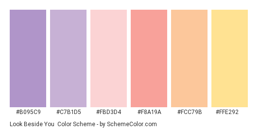 Look Beside You - Color scheme palette thumbnail - #b095c9 #c7b1d5 #fbd3d4 #f8a19a #fcc79b #ffe292 
