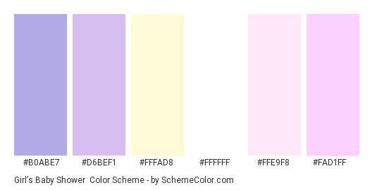 Girl’s Baby Shower - Color scheme palette thumbnail - #b0abe7 #d6bef1 #fffad8 #ffffff #ffe9f8 #fad1ff 