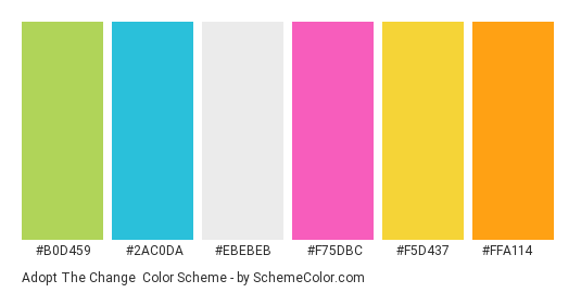 Adopt the Change - Color scheme palette thumbnail - #b0d459 #2ac0da #ebebeb #f75dbc #f5d437 #ffa114 
