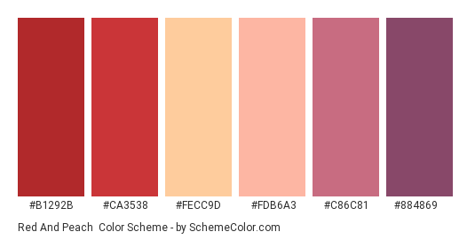 Red and Peach - Color scheme palette thumbnail - #b1292b #ca3538 #fecc9d #fdb6a3 #c86c81 #884869 