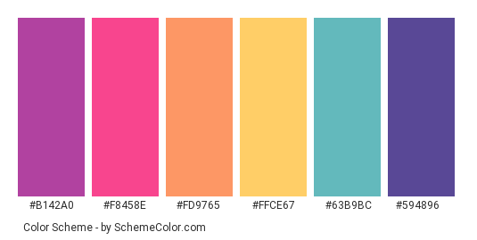 Psychedelic Room - Color scheme palette thumbnail - #b142a0 #f8458e #fd9765 #ffce67 #63b9bc #594896 