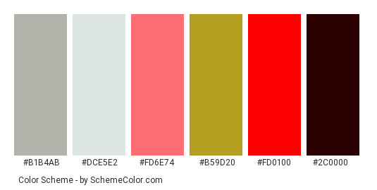 This is love - Color scheme palette thumbnail - #b1b4ab #dce5e2 #fd6e74 #b59d20 #fd0100 #2c0000 