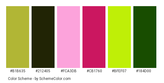 Pink Orchid Flower Love - Color scheme palette thumbnail - #b1b635 #212405 #fca3db #cb1760 #bfef07 #184d00 