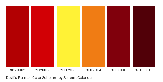 Devil’s Flames - Color scheme palette thumbnail - #b20002 #d20005 #fff236 #f07c14 #80000c #510008 